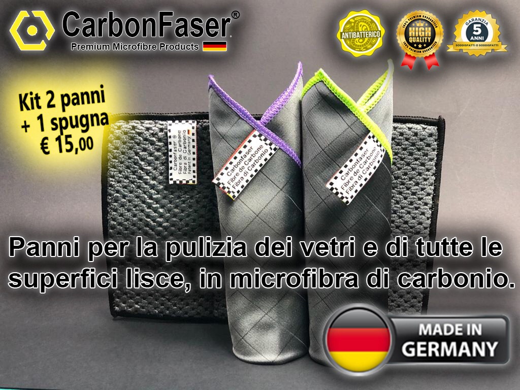 Panni per Vetri in Microfibra di Carbonio – Kit 2 panni 50x40cm + 1 spugna  25x20cm – CarbonFaser Italia